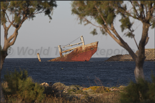 Wreck of the merchant ship Nordland shipwrecked on the coast of island of Prasonisi in front of the village of Dhiakofti