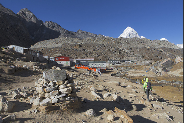 Village of Lobuche (4910 m) in the Khumbu Glacier Valley and, on the horizon, the tip of Mount Pumo Ri (7165 m)