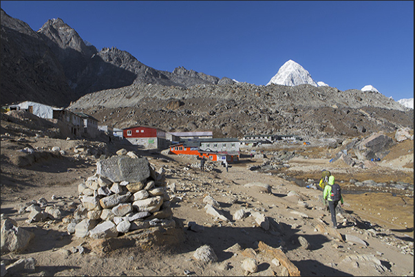 Village of Lobuche (4910 m) in the Khumbu Glacier Valley and, on the horizon, the tip of Mount Pumo Ri (7165 m) Village of Lobuche (4910 m) in the Khumbu Glacier Valley and, on the horizon, the tip of Mount Pumo Ri (7165 m)
