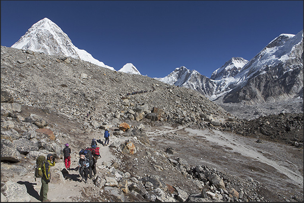 On the path to the village of Gorak Shep. Few kilometers still to reach the end of the journey On the path to the village of Gorak Shep. Few kilometers still to reach the end of the journey