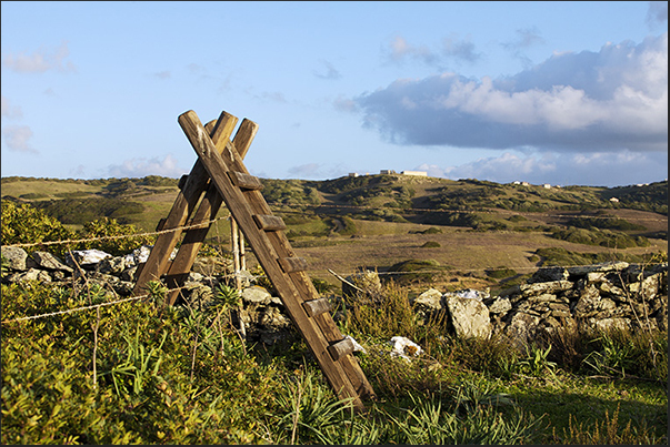 To overcome the barbed wire that separates the farms, are used wooden stairs frequent along the path