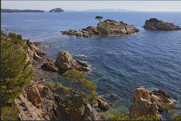 Before Brégançon Bay, the trail rises on the rocky cliffs. On the horizon, the islands of Port Cros and du Levant Before Brégançon Bay, the trail rises on the rocky cliffs. On the horizon, the islands of Port Cros and du Levant