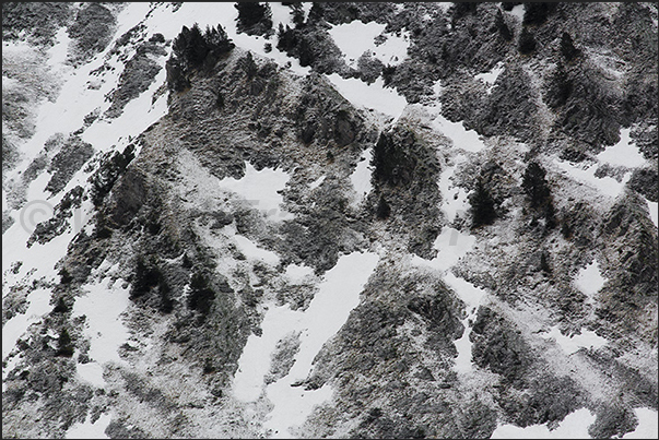 Drawings of rocks, snow and pines on the mountain of Pic du Midi de Bigorre (2877 m)