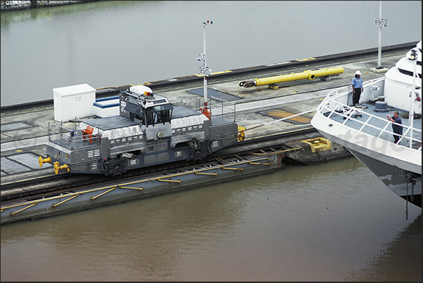 Panama Canal. Engines Train that help the ships overcome canal locks