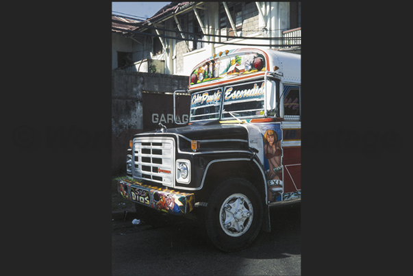 Colon Town on the Caribbean side. Typical colored buses