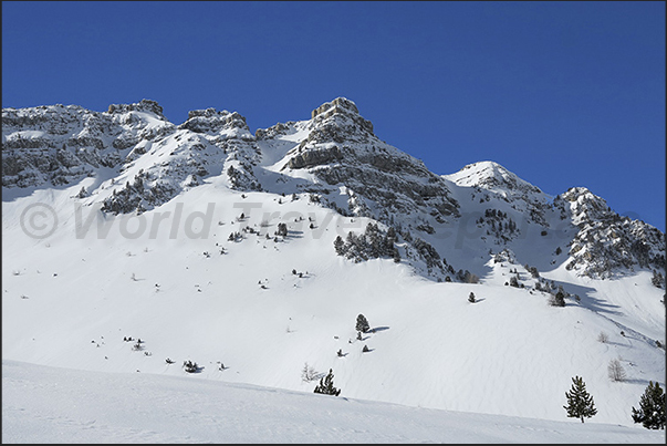 The rocky chain of Mount Crevoux, site of free ride descents The rocky chain of Mount Crevoux, site of free ride descents