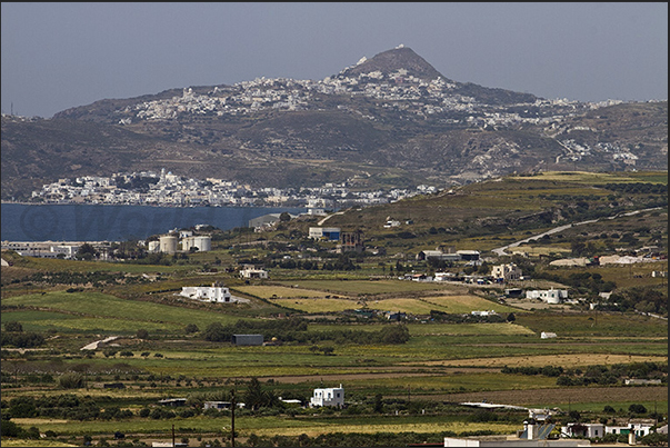 Adamantas, (below), port of arrival of the ferries and Plaka (top), the capital of the island