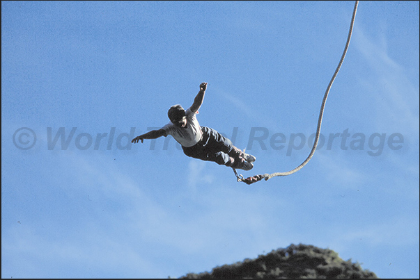 Kawarau Suspension Bridge near Queenstown. A jump of 43 m in 5 seconds into the waters of Kawarau River