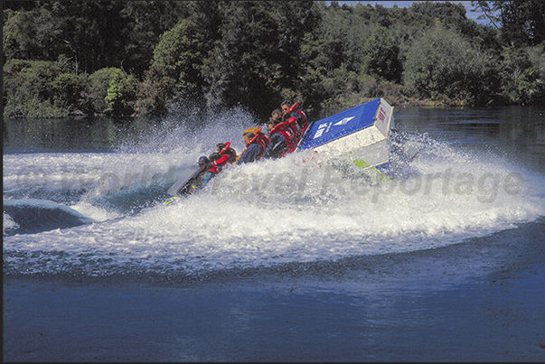 Jet Boat on Shotover River. 360° rotation of the direction of travel on the river Jet Boat on Shotover River. 360° rotation of the direction of travel on the river
