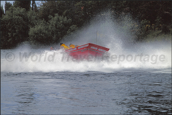 Jet Boat on Shotover River. 360° rotation of the direction of travel on the river Jet Boat on Shotover River. 360° rotation of the direction of travel on the river