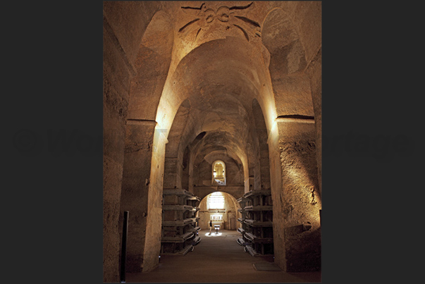 Village of Saint Emilion. The monolithic church (XII century) built by digging the tuff rock