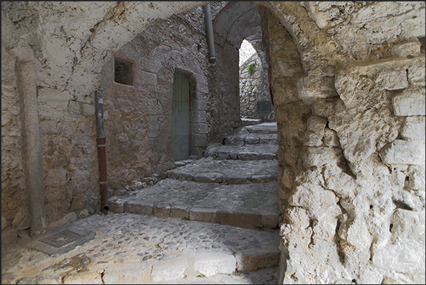 The medieval village of Gorbio. The ancient alleys that cross the village The medieval village of Gorbio. The ancient alleys that cross the village