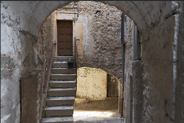 The medieval village of Gorbio. The ancient alleys that cross the village The medieval village of Gorbio. The ancient alleys that cross the village