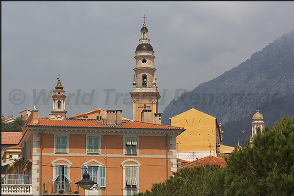 The bell tower of Saint Michel church seen from the covered market area