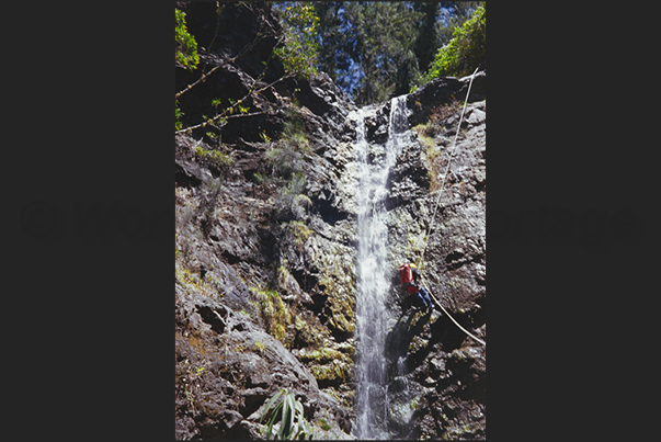 Canyoning in the Cirque de Cilaos park area, central area of the island