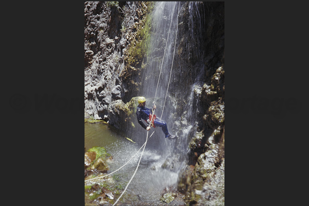 Canyoning in the Cirque de Cilaos park area, central area of the island