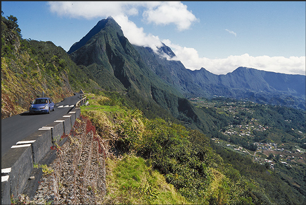 Cirque de Cilaos, the third extinct volcano of the island. Belier Pass area towards the village of Cilaos, central area of the island