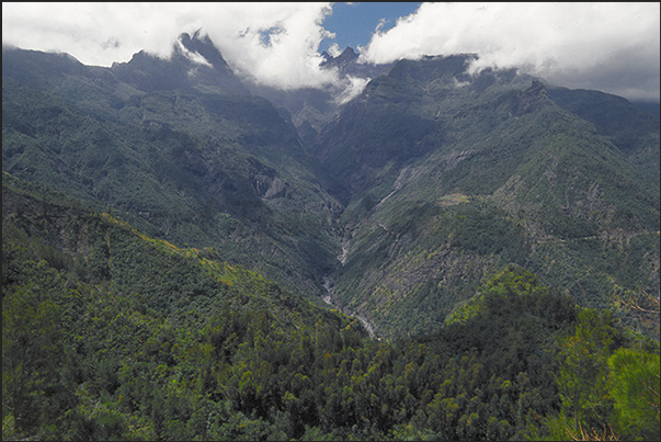 Cirque de Cilaos, the third extinct volcano on the island. Belier Pass area towards the village of Cilaos, central area of the island