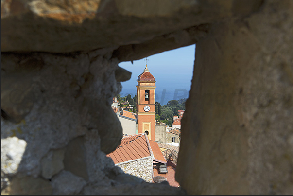 The bell tower of the village seen from the castle walls