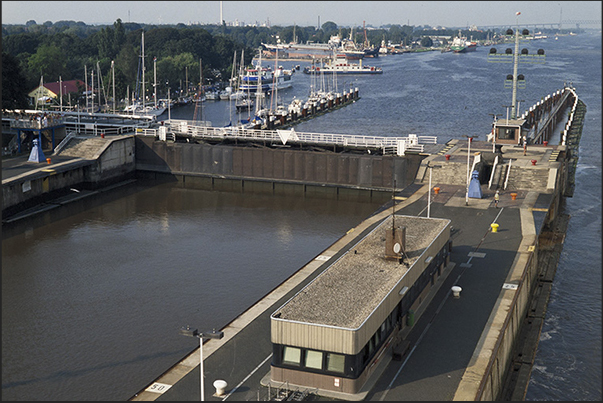 Brunsbuttel lock to the North Sea side. Exit gate on the river Elbe estuary Brunsbuttel lock to the North Sea side. Exit gate on the river Elbe estuary