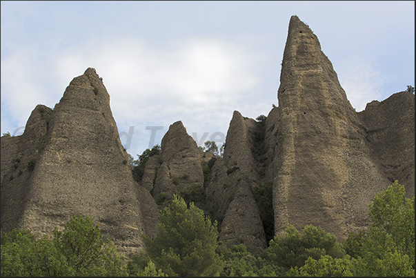 Dozens of spiers and columns formed by a rocky agglomerate characterize the landscape of Les Mees