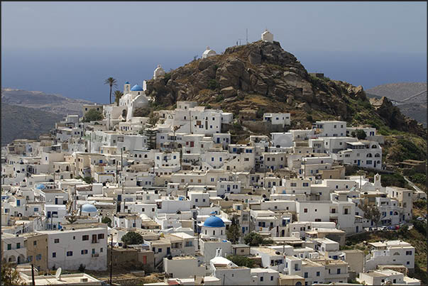 Village of Chora (capital of the island) in the hills above the bay of Yalos Village of Chora (capital of the island) in the hills above the bay of Yalos