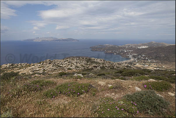 Panorama of the Mylopotas bay with the islands of Sikinos, Folegandros and Milos on the horizon Panorama of the Mylopotas bay with the islands of Sikinos, Folegandros and Milos on the horizon