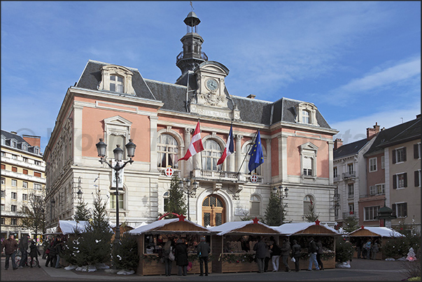 Stalls in the City Hall square in the center of the town Stalls in the City Hall square in the center of the town