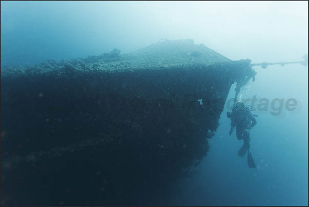 Wreck of the Italian merchant ship Umbria that sank at the outbreak of II World War. The bow of the ship Wreck of the Italian merchant ship Umbria that sank at the outbreak of II World War. The bow of the ship