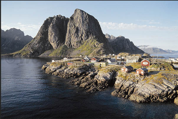 Moskenosoya Island (Lofoten), the southern island of the archipelago. Village near Hamnoy Strait Moskenosoya Island (Lofoten), the southern island of the archipelago. Village near Hamnoy Strait