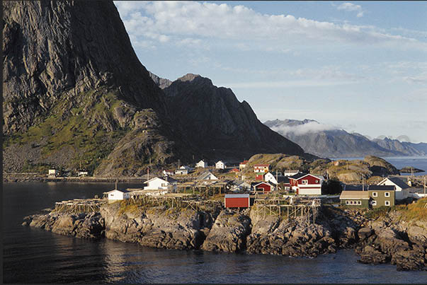 Moskenosoya Island (Lofoten), the southern island of the archipelago. Village near Hamnoy Strait Moskenosoya Island (Lofoten), the southern island of the archipelago. Village near Hamnoy Strait