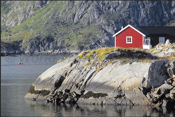 Moskenosoya island (Lofoten). there are numerous fishermen's houses along the coast, sometimes isolated and lonely