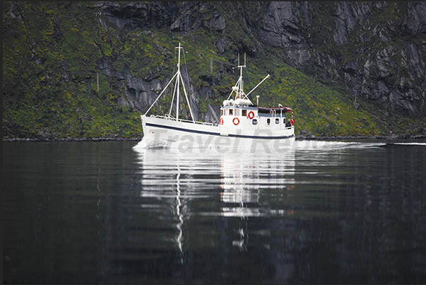 Fishingboat in the fjords upon return after a day of fishing Fishingboat in the fjords upon return after a day of fishing