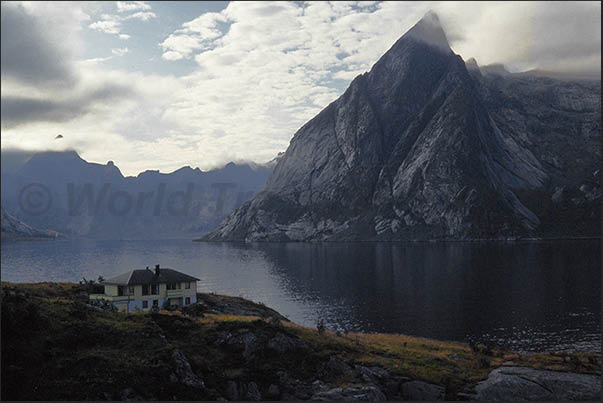 Moskenosoya island the southern island of the Lofoten archipelago. High mountains overlook the fjords