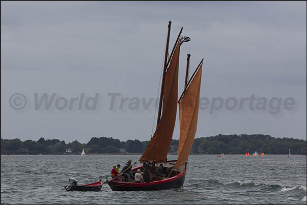 Typical Breton sailing boat with wooden hull at the entrance of the gulf Typical Breton sailing boat with wooden hull at the entrance of the gulf