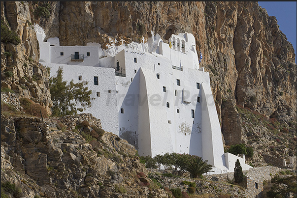 Panagia Hozoviotissa monastery nestled among the rocks of the cliff