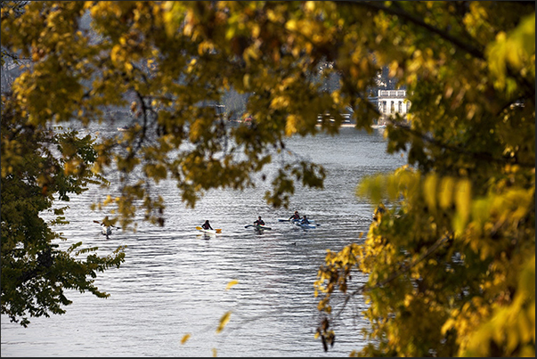 Rowing on Po river in the center of Turin