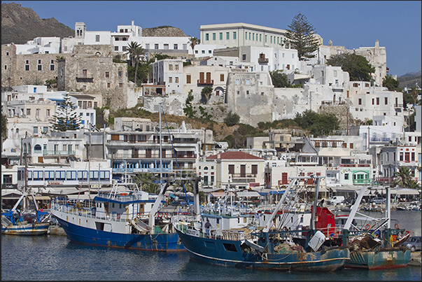 Naxos (Hora) and below the ancient town, the fishermen pier Naxos (Hora) and below the ancient town, the fishermen pier