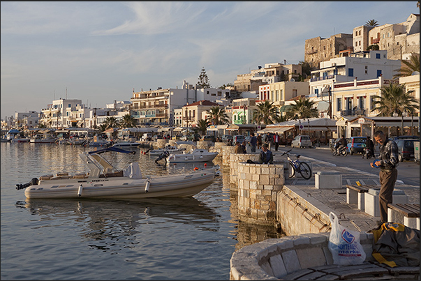 The promenade with shops and restaurants at the base of ancient Naxos