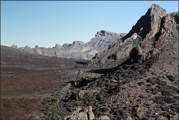 La Canadas del Teide the plateau at the base of Pico del Teide framed by rocky walls La Canadas del Teide the plateau at the base of Pico del Teide framed by rocky walls