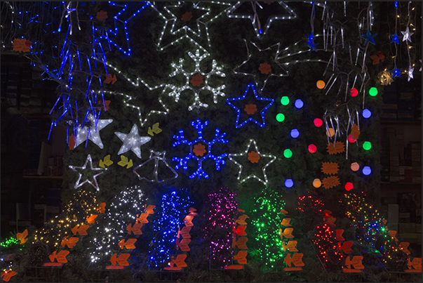 The towns of Strasbourg, Obernai and Colmar in the evening, are colored by LED lights