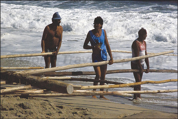 The fishermen prepare the slipways to help the oxen slide the boats into the sea The fishermen prepare the slipways to help the oxen slide the boats into the sea
