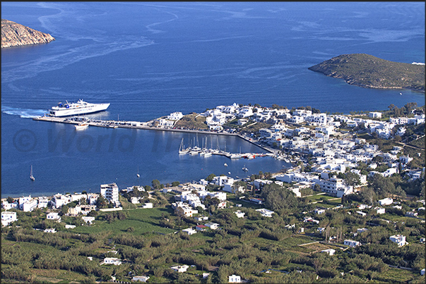 Panorama of the bay of Livadi with the port of arrival of the ferries Panorama of the bay of Livadi with the port of arrival of the ferries