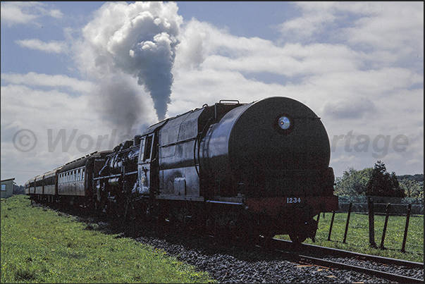 Passage of the train in the countryside around Glenbrook pulled by a 1949 steam locomotive