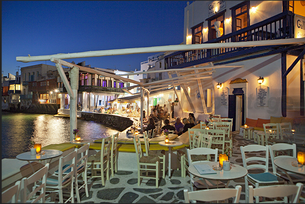Town of Mykonos, capital of the island. Restaurants on the seafront in the historic center