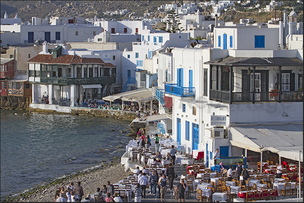 Restaurants on the seafront of the ancient village of Mykonos Restaurants on the seafront of the ancient village of Mykonos