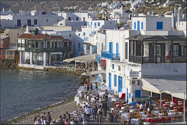 Restaurants on the seafront of the ancient village of Mykonos