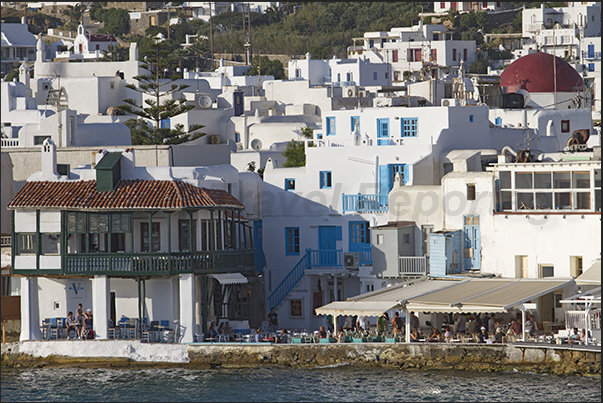 Restaurants on the seafront of the ancient village of Mykonos