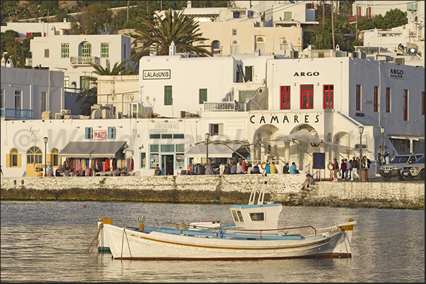 The fishing port in front of the houses of the town of Mykonos The fishing port in front of the houses of the town of Mykonos