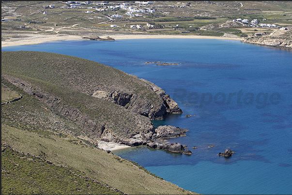 Ftelia beach at the bottom of the large Panormos Bay Ftelia beach at the bottom of the large Panormos Bay